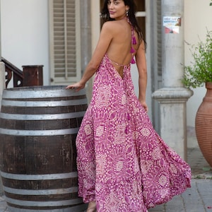 Pink long backless dress for women | Boho maxi open back dress in floral print | Dress for vacation