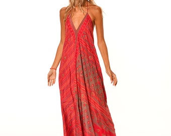 Long boho silk maxi dress | Asymmetric length summer dress | Royal elegant open back hippie style dress | Vacation | Festival and rave |E53
