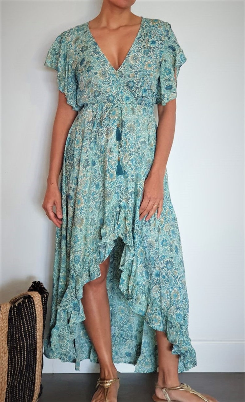 Asymmetrical boho summer dress for woman Green / Blue floral dress Hippie fesrtival dress for vacation. Long boho dress with sleeves image 9