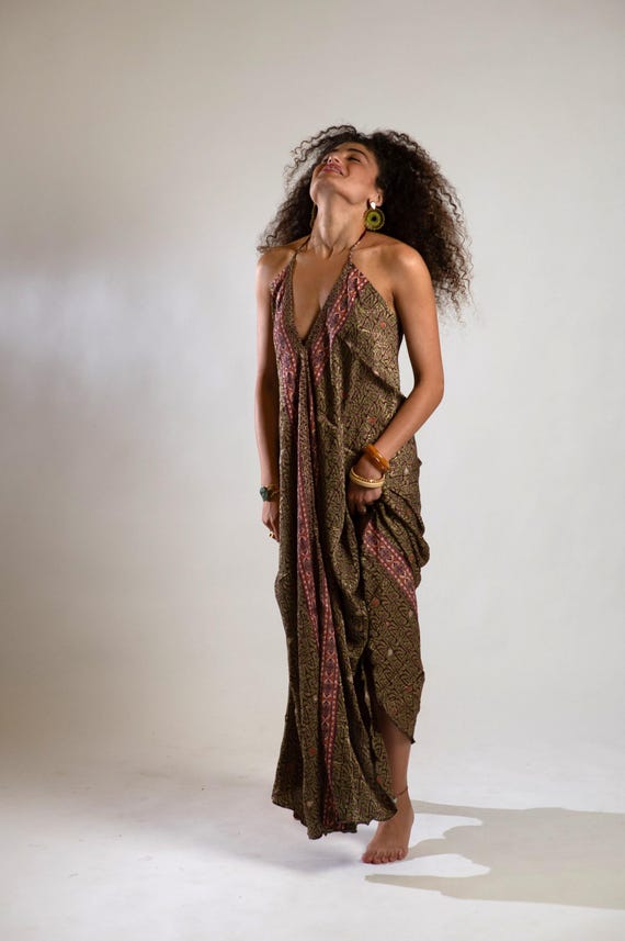 loose fit silk dress Handmade Botanical Print Silk Dress: Loose Fit Tunic With Pockets