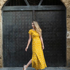 long yellow dress for woman with floral print/summer dress/dress with sleeves/slits dress/casual dress/bohemian dresses image 7