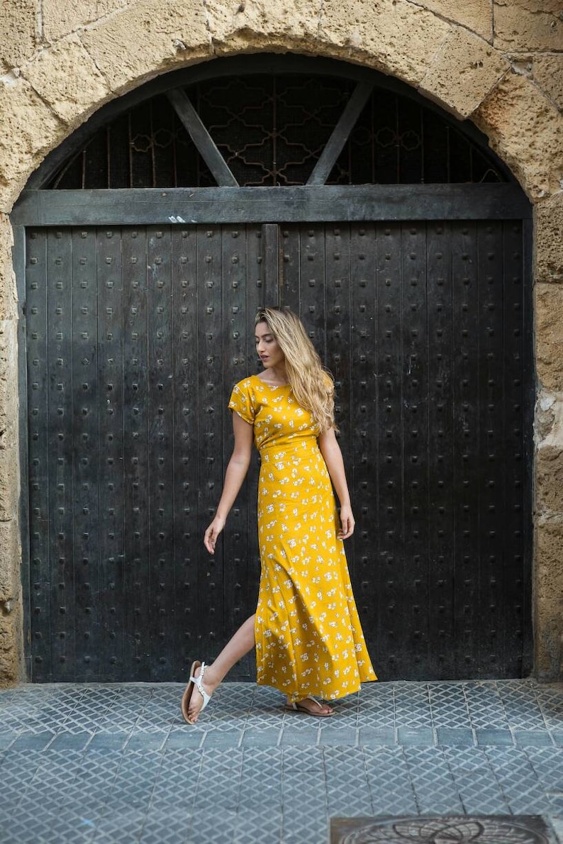 long yellow dress for woman with floral print/summer dress/dress with sleeves/slits dress/casual dress/bohemian dresses image 7