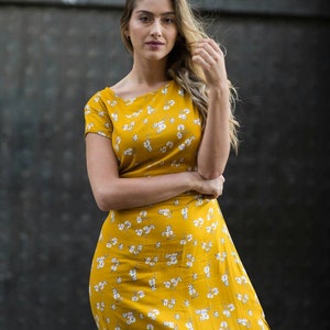 long yellow dress for woman with floral print/summer dress/dress with sleeves/slits dress/casual dress/bohemian dresses image 3