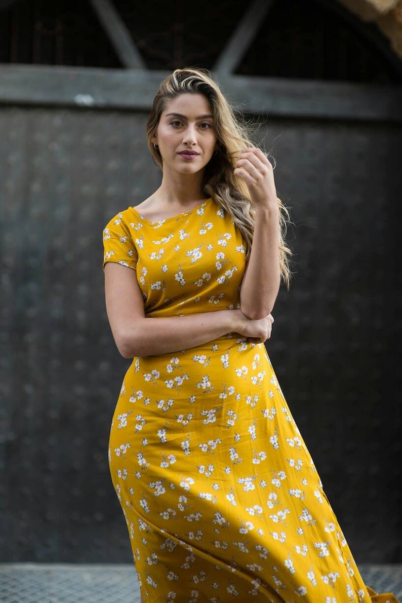 long yellow dress for woman with floral print/summer dress/dress with sleeves/slits dress/casual dress/bohemian dresses image 3