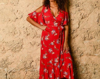 Wrap around red floral dress/ off the shoulder dress/ flamenco dress/ boho dress/maternity /romantic dress for woman