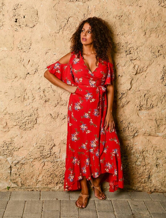 Wrap Around Red Floral Dress/ off the Shoulder Dress/ Flamenco | Etsy