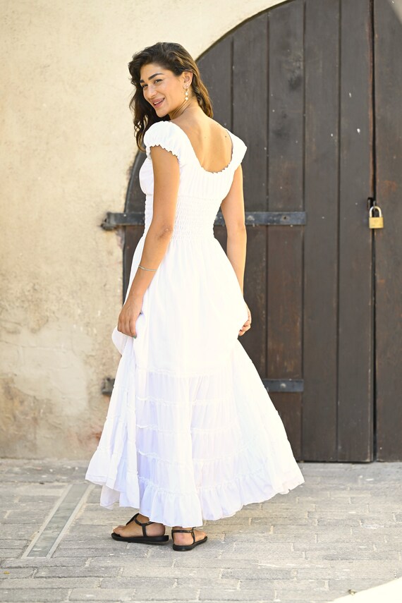 Off The Shoulder White Long Summer Dress | Boho Wedding Dress | Engagement Dress| Festival White Ceremony Dress | Frill Dress | Vacation