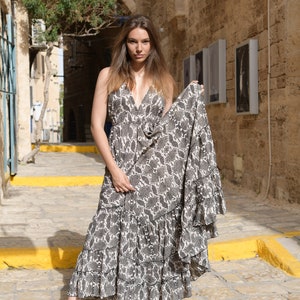 Long bohemian dress in snake print/backless maxi dress for woman/ open back dress/ frill dress/evening dress/resort collection/boho maxi