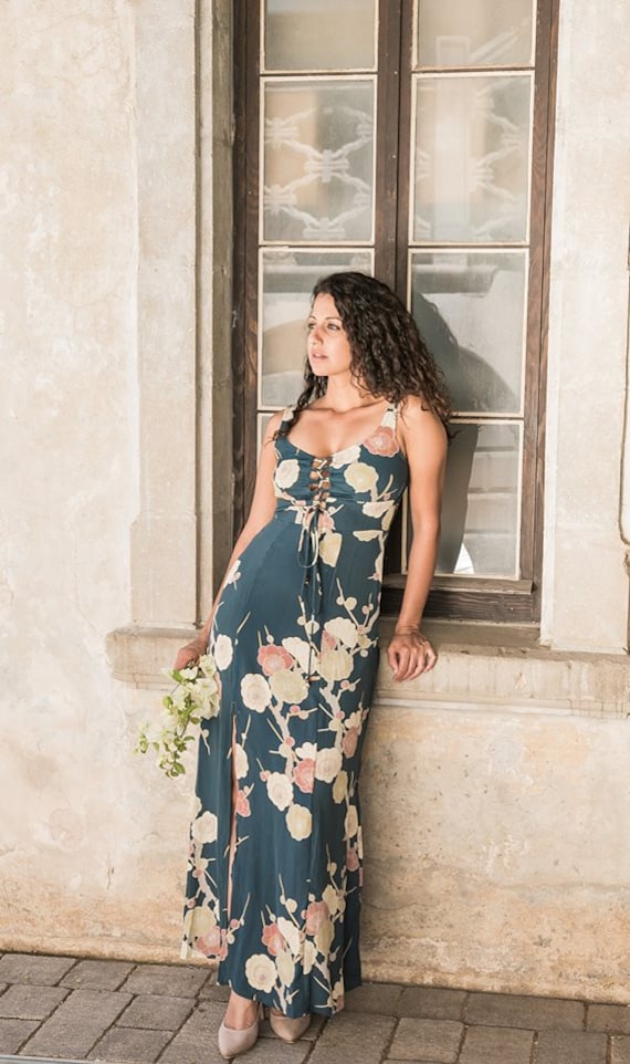Lace Up Maxi Dress for Woman, Sakura, Floral Print Dress, Slite Long Dress, Floral Dress, bridsmaid dress,romantic