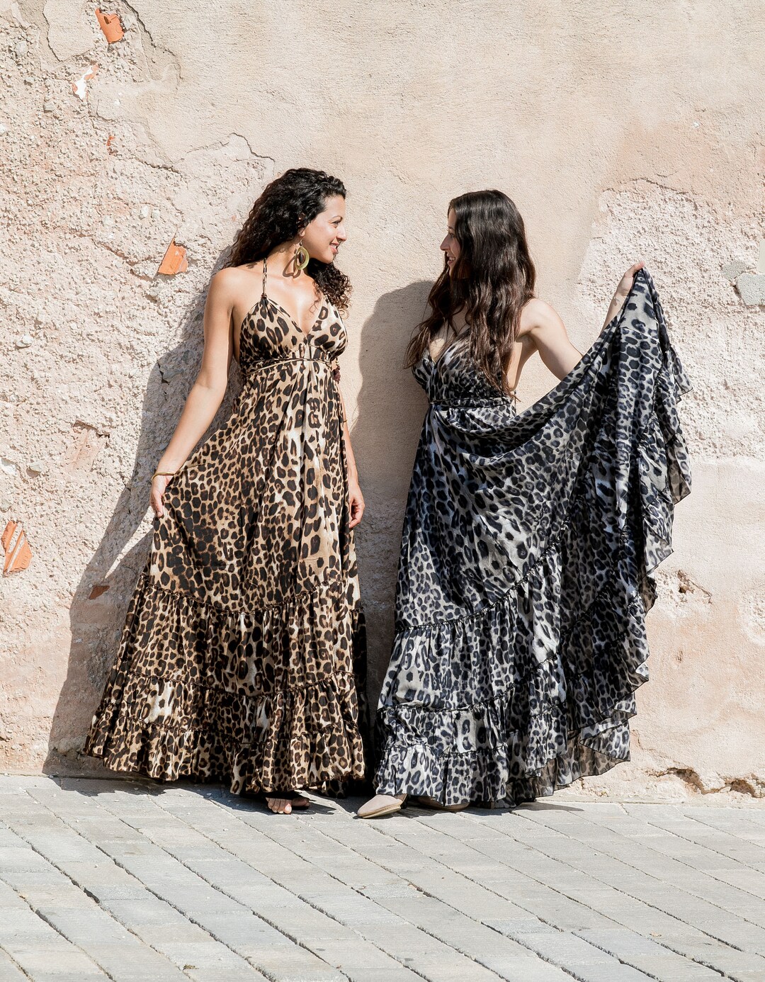 Boho Maxi Dress in Leopard Print/open Back Long Dress/frill Dress 