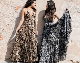boho maxi dress in leopard print/open back long dress/frill dress/evening summer dress/bohemian dress/sexy dress/hippie/festival