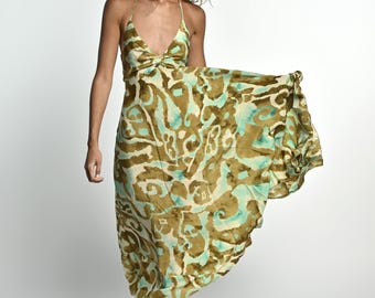 Long Boho green Dress | Slip Dress | Sleeveless  Dress | Open Back Dress | Summer Dress | V-Neck Dress | Maxi Dress | Paisley Print Dress