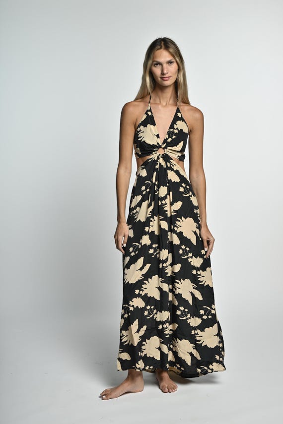 chinese dress ladies Cut Away Knotted Detail Extreme Spilt Maxi Dress Black main image 1
