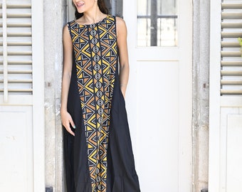 Long black dress with african print, Dress with pockest, Loose Rayon summer dress