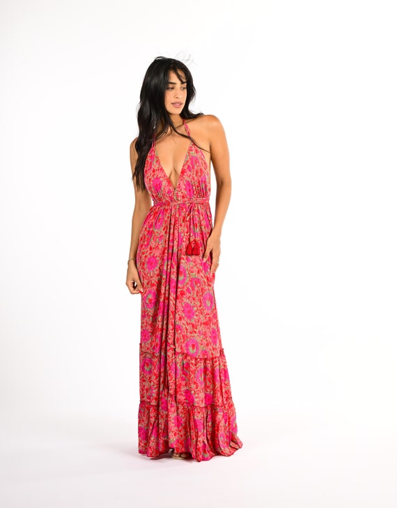 Pink Floral Boho Summer Dress for Woman | Open Back Halter Dress | Frill Maxi  Dress | Vacation, Bridesmaid, Festival. Pregnancy, Bohemian - Etsy