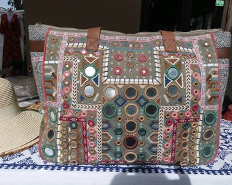 Embroidery bag with fabric and leather/boho bag/shoulder bag/cross body bag/ethnic bag/gypsy bag