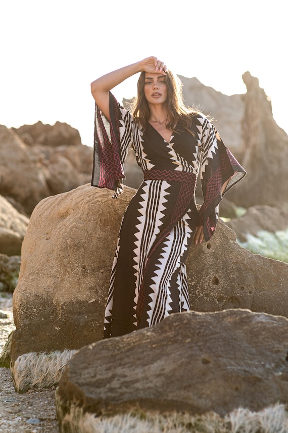 Wrap Kaftan Dress | 100% Rayon Boho Maxi Dress | Black Tribal Print Wrap Dress | Resort Wear