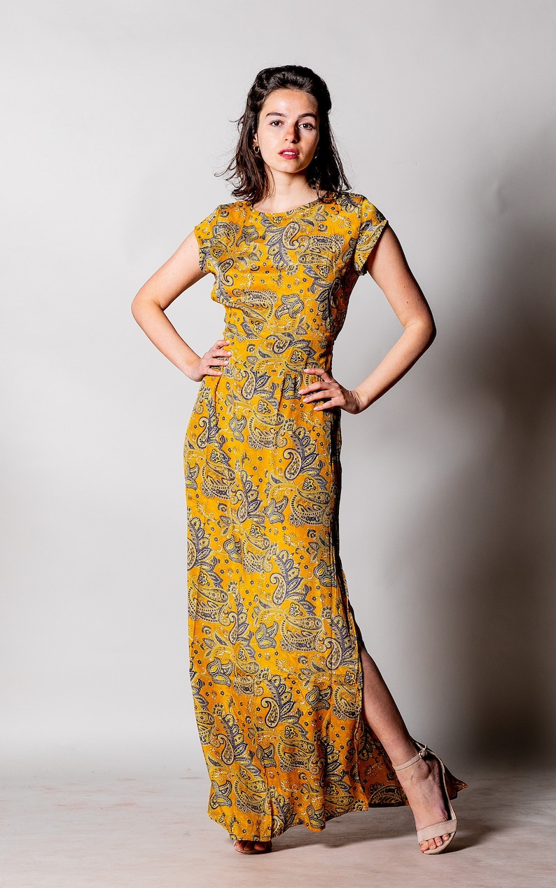 Long Yellow Boho Maxi Dress for Woman With Short Sleeves - Etsy