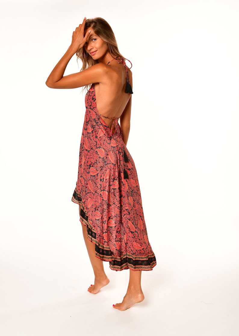 Robe boho rose asymétrique Robe courte et à collerette Robe croisée Robe de style hippie à dos ouvert de robe Peacok Fit et flar image 6