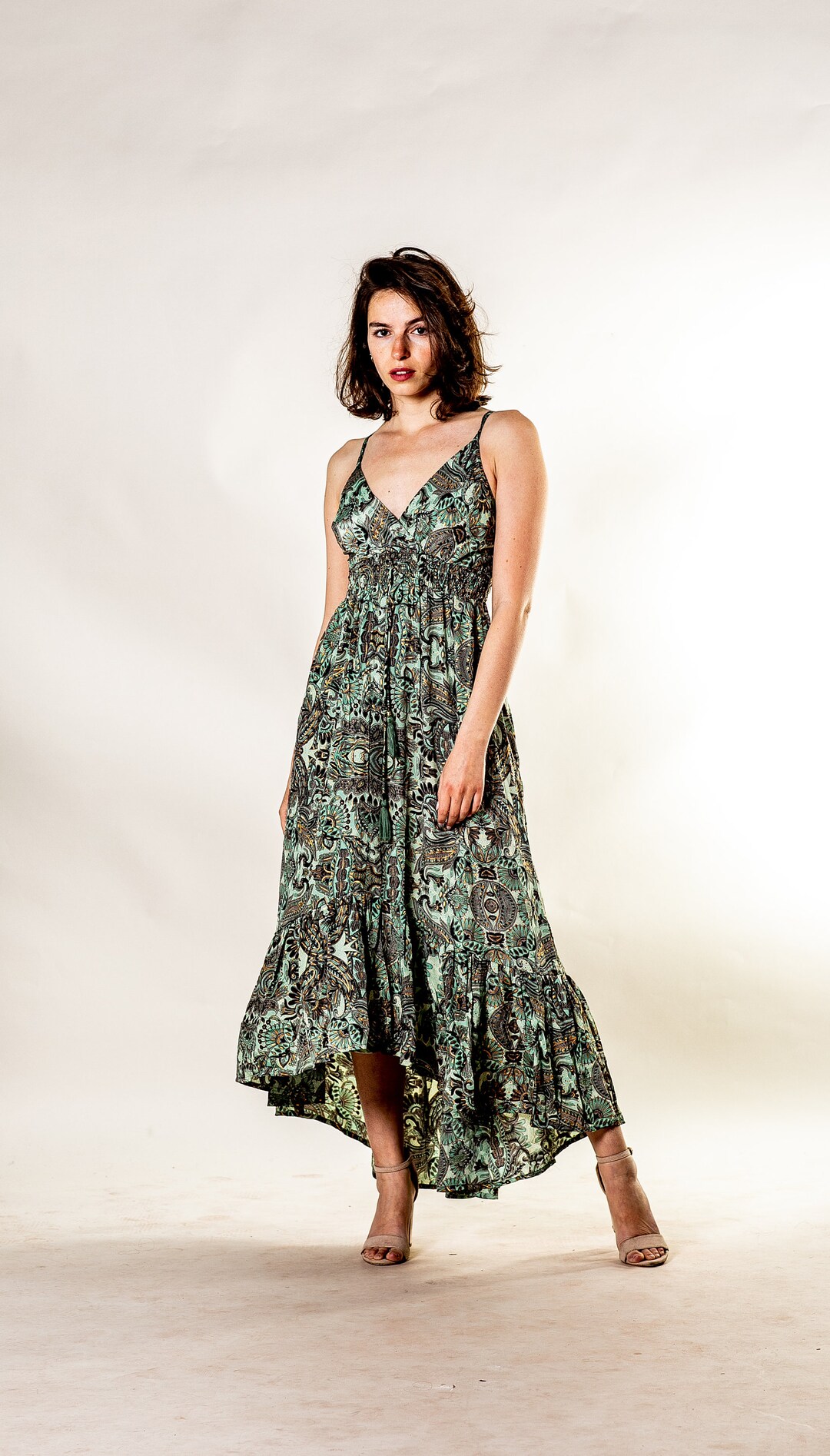 Asymmetrical Boho Green Dress V Neck Summer Dress Hippie Floral Dress 
