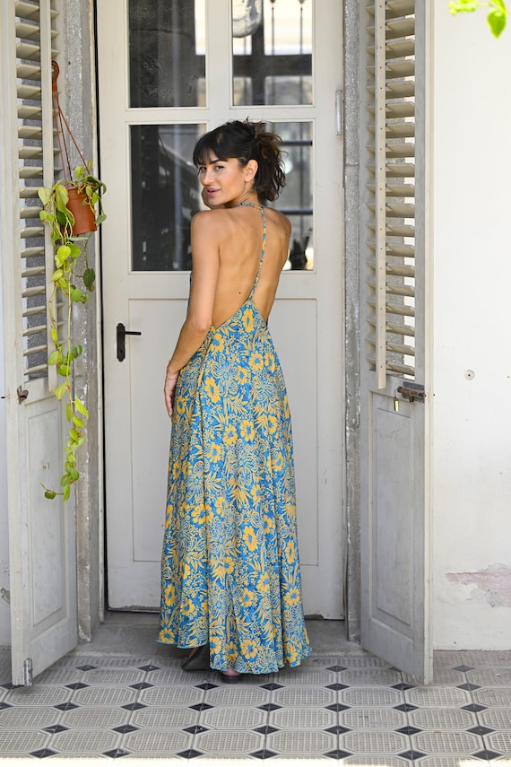 Slip Long Open Back Dress for Woman | Exotic and Sexy Fit and Flair Boho  Dress in Floral Print | Dresss for Vacation | Wedding Guest Dress - Etsy