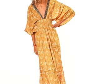 Vestido caftán bohemio largo para mujer / Vestido maxi amarillo con espalda abierta / Vestido galabia largo de verano / Vestido con aberturas y mangas