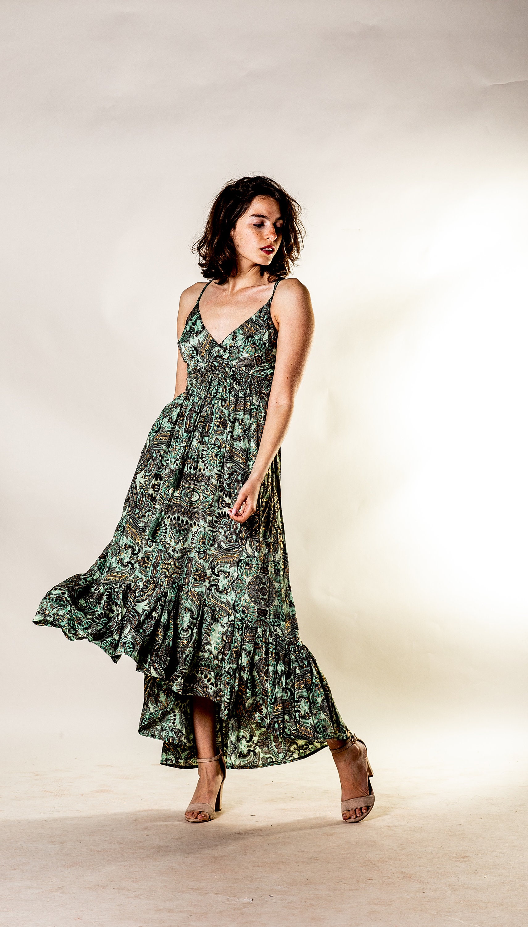 Asymmetrical boho green dress | V neck summer dress | Hippie floral dress