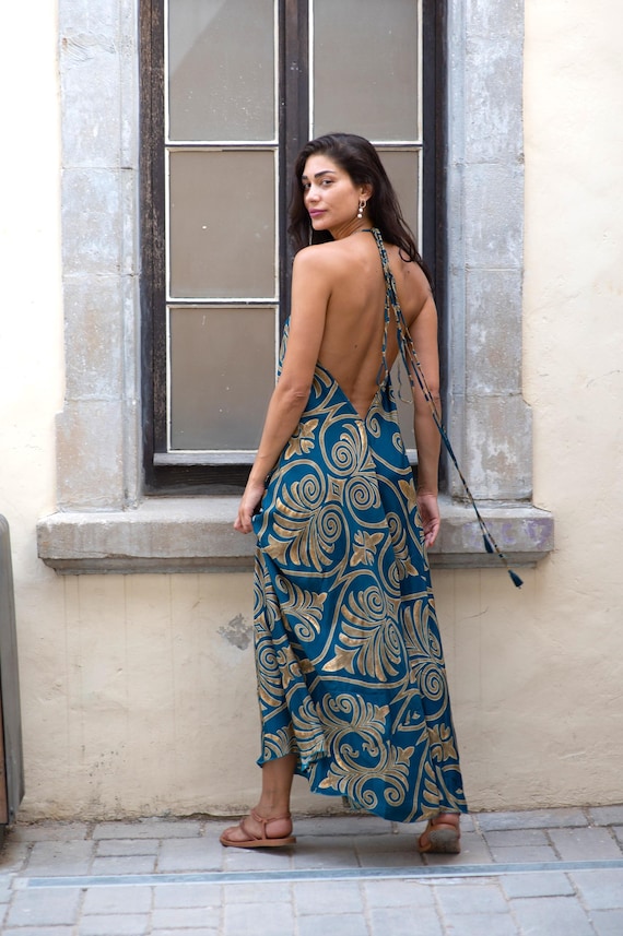 Blue and Gold Long Halter Dress for Woman | Deep V Neck Open Back Dress | Slip Boho Dress | Hippie Style | Prom | Vacation | Festival - Etsy Blue and Gold Long Halter Dress for Woman | Deep V Neck Open Back Dress | Slip Boho Dress | Hippie Style | Prom | Vacation | Festival - Etsy