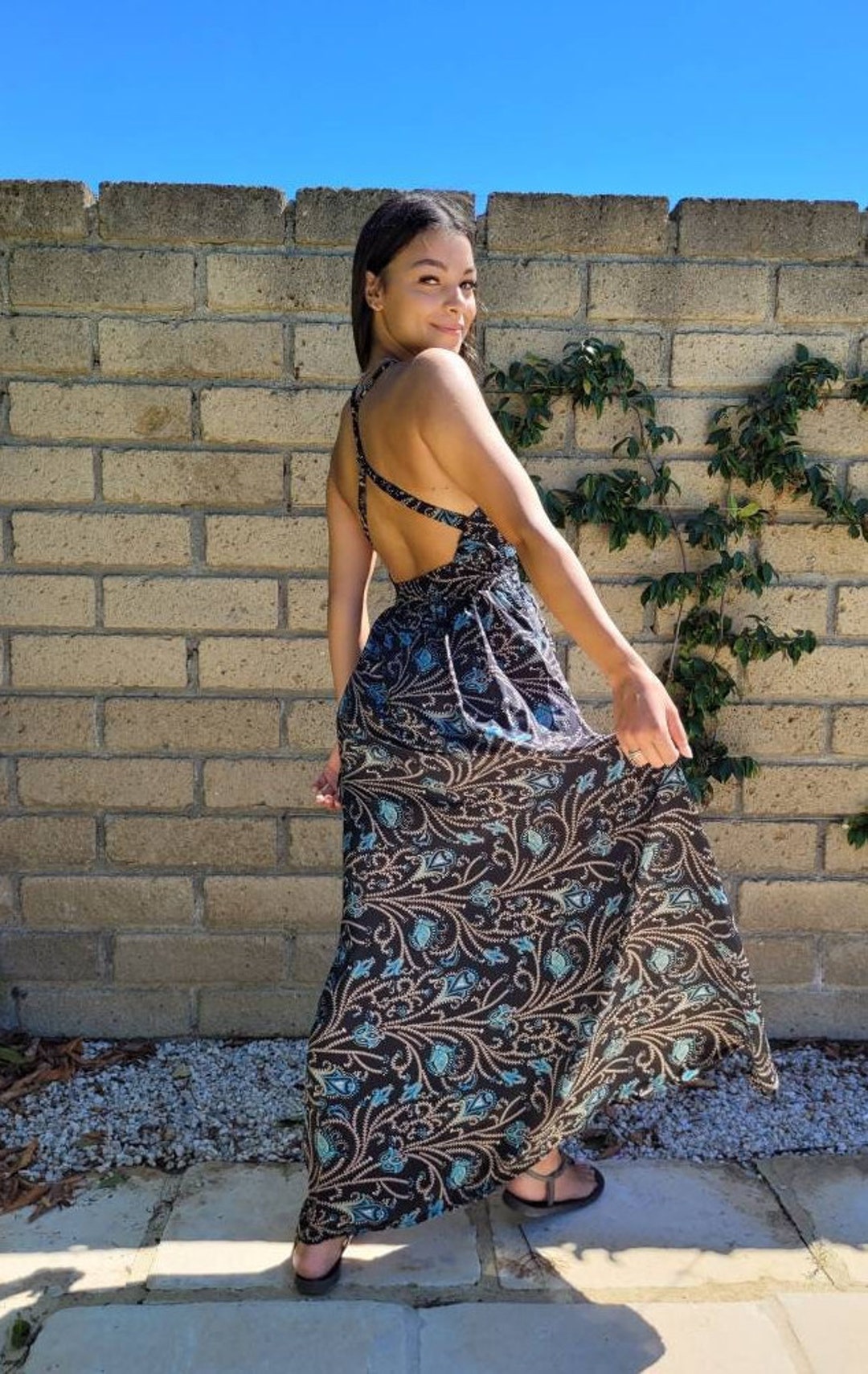 lucky brand open back dress Lucky Brand Women's Paisley Print Embroidered Cotton Cut-out Tie Back Tired Maxi Dress Black / L