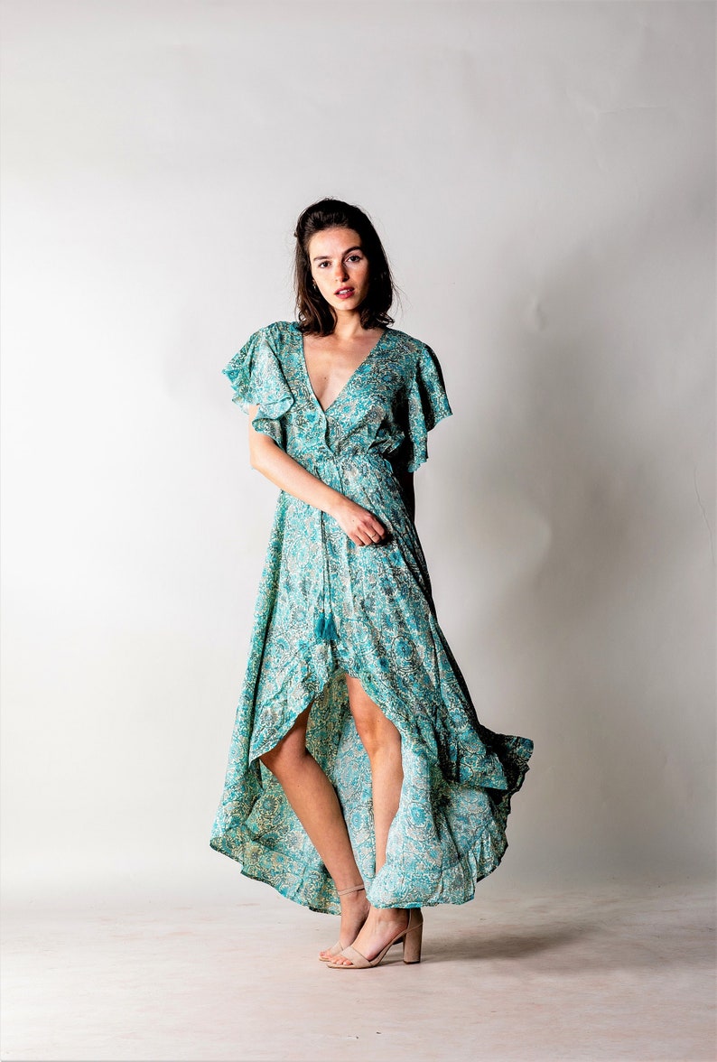 Asymmetrical boho summer dress for woman Green / Blue floral dress Hippie fesrtival dress for vacation. Long boho dress with sleeves image 1