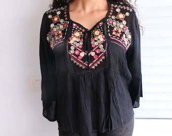 blusa de mujer con trabajo miror y bordado hecho a mano / bordado boho / bordado indio / más tamaño loos top / blusa de tamaño libre