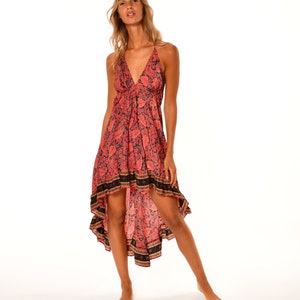 Robe boho rose asymétrique Robe courte et à collerette Robe croisée Robe de style hippie à dos ouvert de robe Peacok Fit et flar image 2