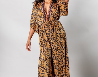 Long boho overall for woman | Deep v neck | Open back overall | Wide legs jumpsuit | Bohemian clothing | Wide legs pants | Hippie, Festival