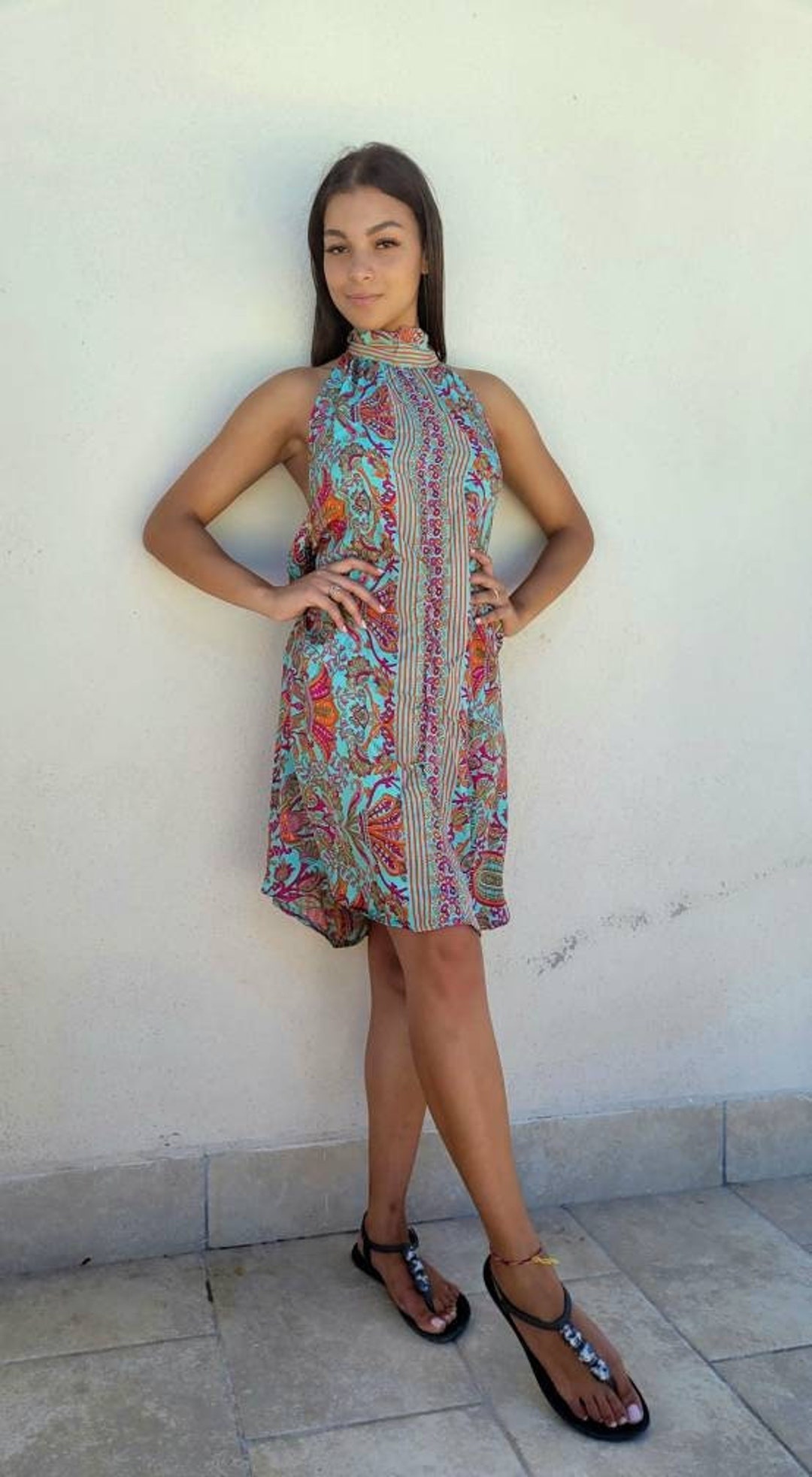 linen halter neck mini dress Halter Neck Linen Dress Green / M main image 1
