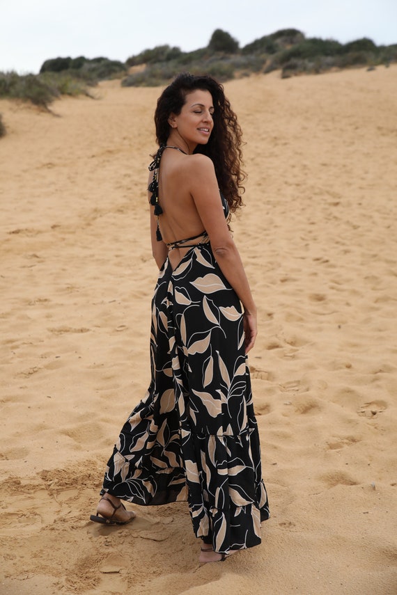 Boho Black Maxi Dress for Woman in Beige Floral Print/women's Summer Dress/resort  Collection/long Dress/festival Clothing/halter Dress/sexy - Etsy