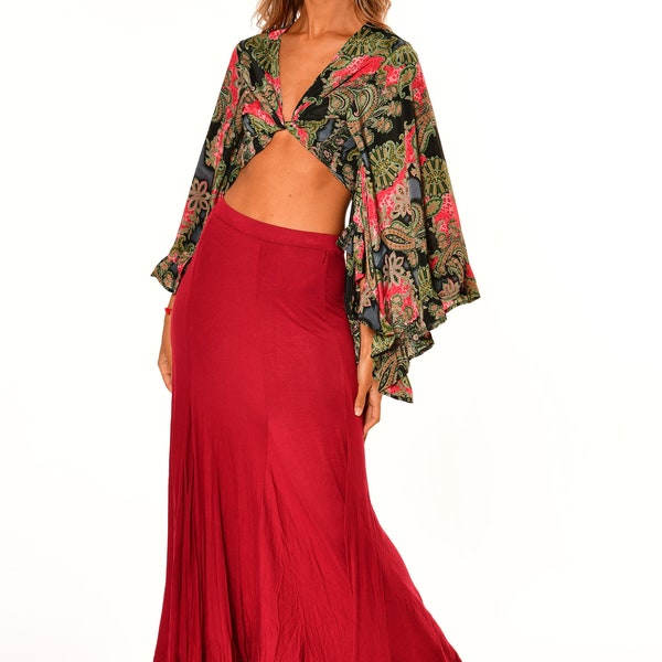 Jupe longue flamenco rouge | Jupe maxi fit et flair rouge | Jupe de danse espagnole | Fusion tribale | ATS