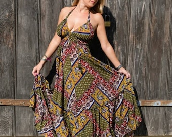 boho maxi dress for woman/ ethnic print/olive green dress/backless dress/festival clothing /bohemian dresses/long tribal print dress/prom