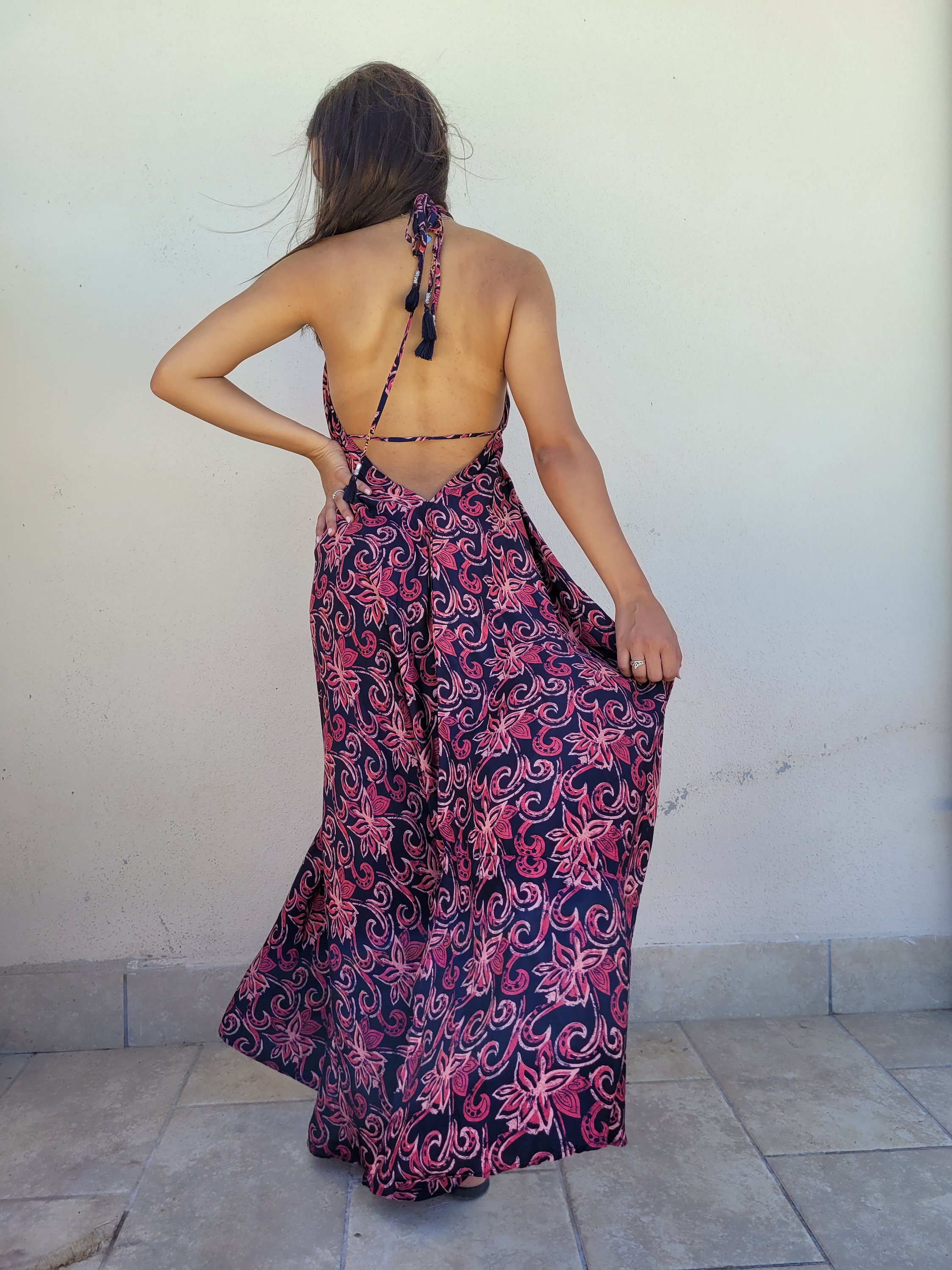 hippie backless halter dress Open back maxi halter dress | Slip Boho summer dress