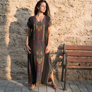 boho maxi dress, royal printed kaftan/ galabia/ sleeve long dress/ ethnic dress/ long summer dress for woman image 2