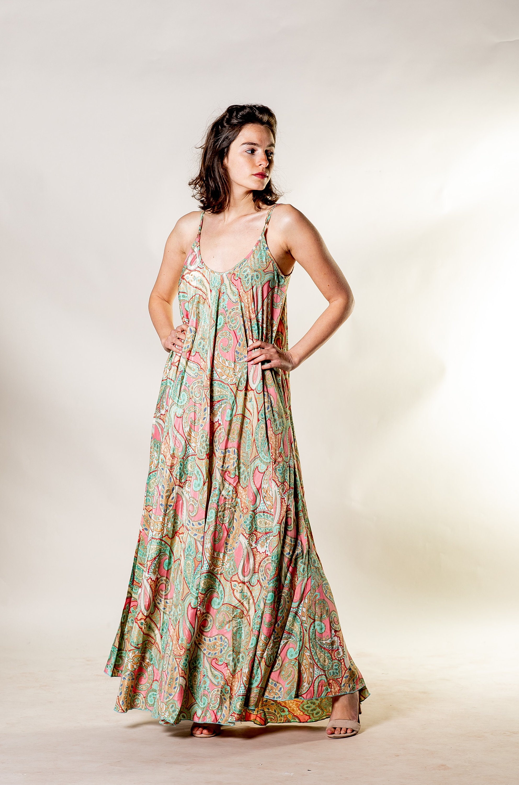 Long Boho Slip Dress for Woman Loose Maxi Dress Silk Hippie Dress Plus Size Dresses Pregnancy Beach and Vacation Dress Paisley Etsy