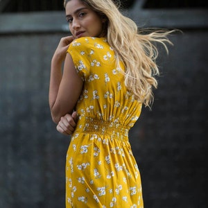 long yellow dress for woman with floral print/summer dress/dress with sleeves/slits dress/casual dress/bohemian dresses image 5