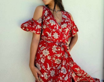 Red floral print wrap around dress | Off the shoulder sleeves dress| Black/Red maxi dress | Boho summer dress for woman |Romantic,Bridesmaid