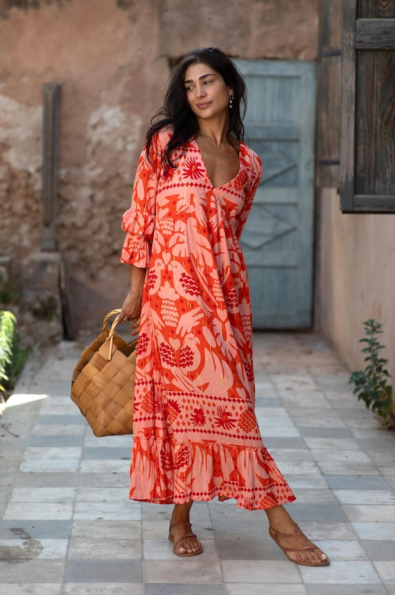 blue dress for baby girl Boho Maxi Dress, Gown, Vacation in Pink and Saffron Orange Red / S main image 0