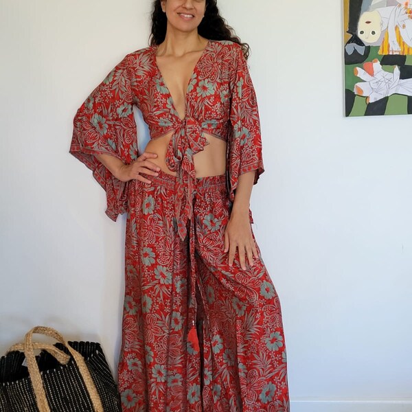 Wrap around boho top and red loose wide pants | Set of top and pants | Boho hippie matching pants and blouse | Gypsy style top | festival