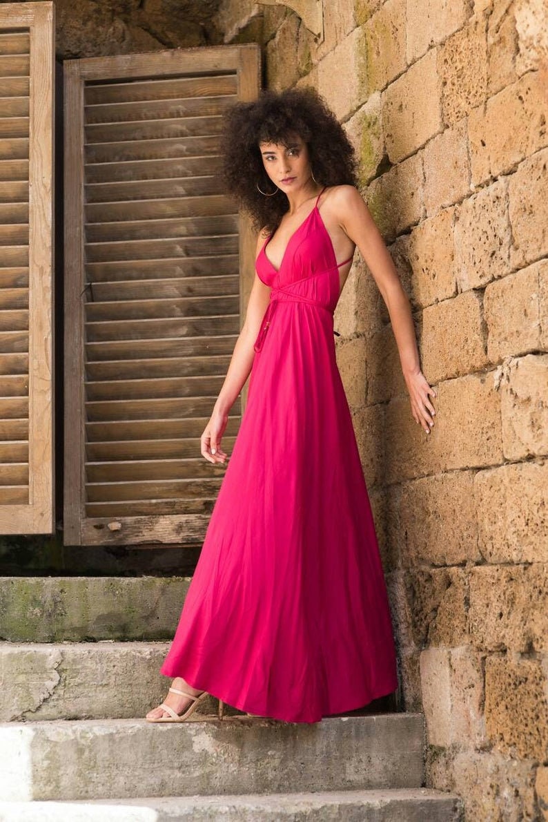 Black/Red/White halter maxi dress for woman Open back dress Evening dress Prom Dress Bohemian Clothing Backless dress Wedding Raspberry