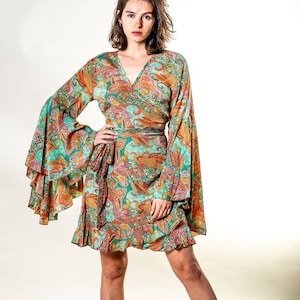 Wrap around short boho dress for woman | Short dress with long sleeves | Hippie dress