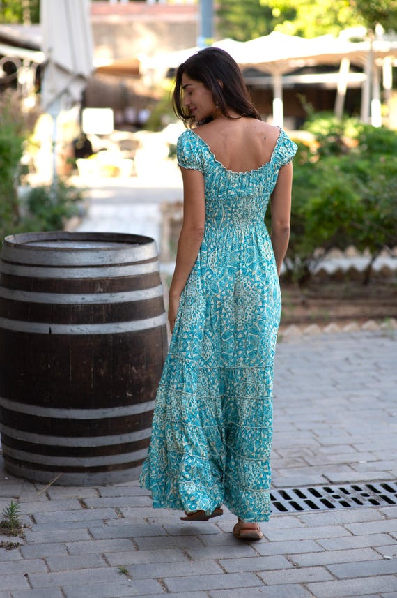 princess polly baby blue dress Long Boho Frill Dress | Summer Maxi Dress | Green Blue and Yellow Hippie  Dress | off the Shoulder Dress | Pregnancy | Festival | Bohemian