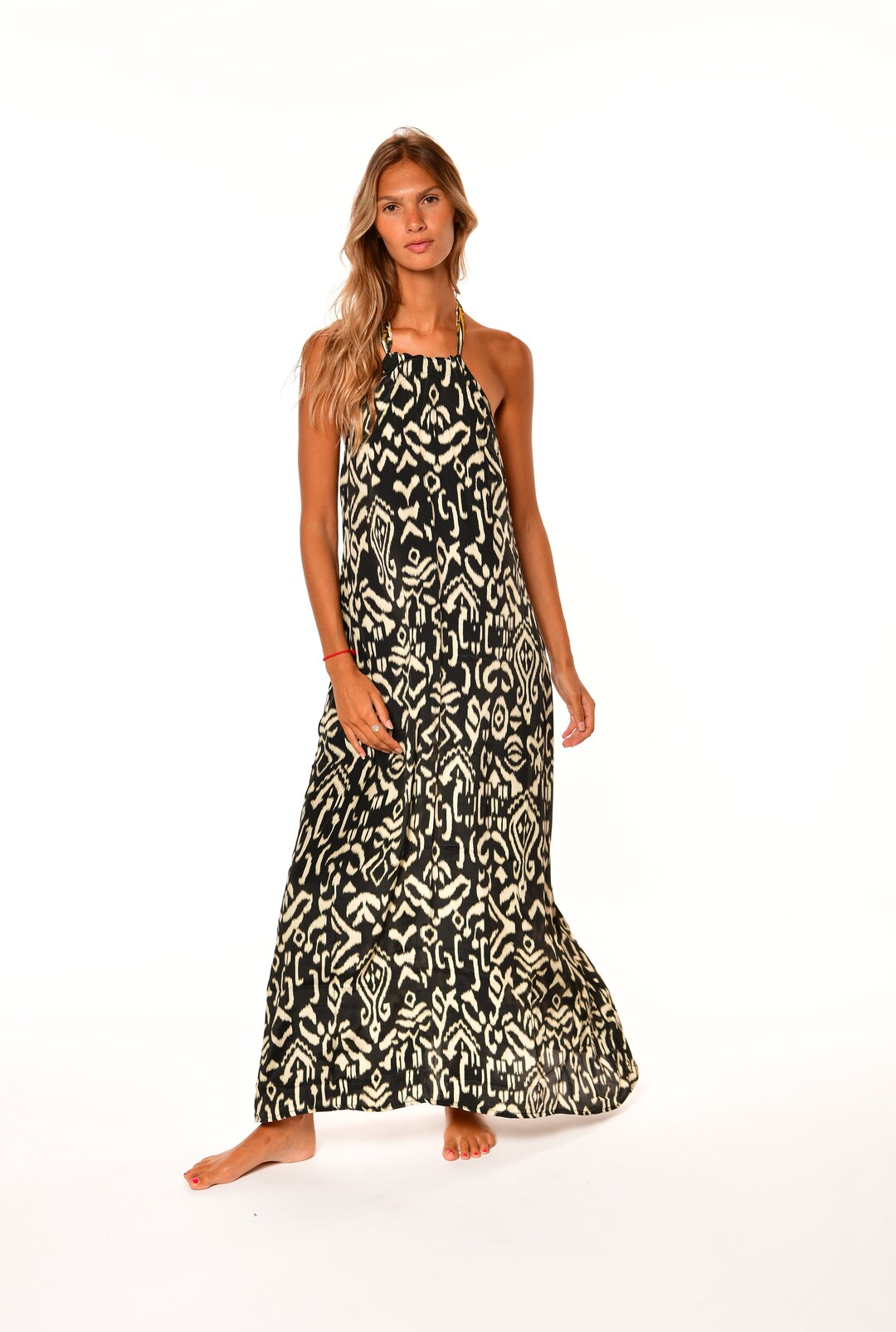 Long Halter Open Back Dress in Tribal Ethnic Print Boho Summer Open