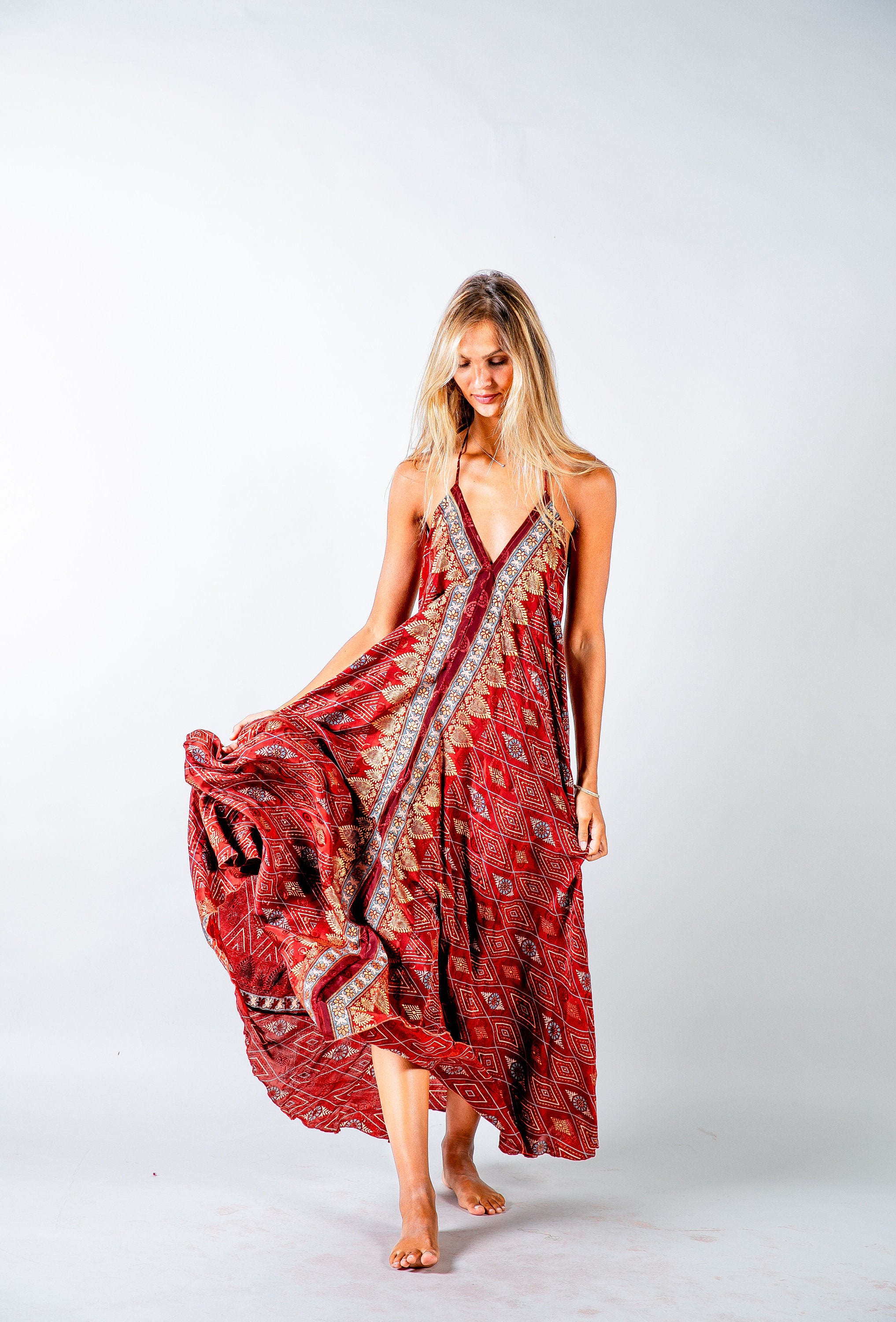 Red Maroon and Gold Long Boho Dress for 