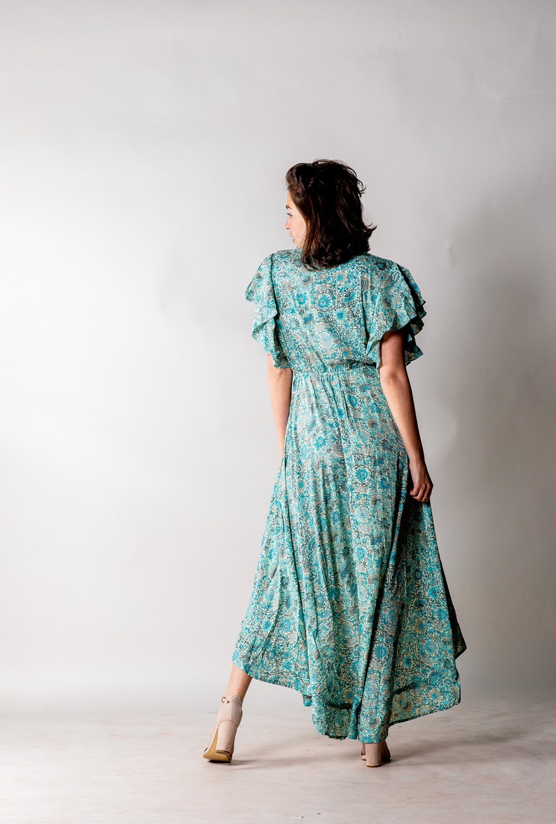 Asymmetrical boho summer dress for woman Green / Blue floral dress Hippie fesrtival dress for vacation. Long boho dress with sleeves image 5